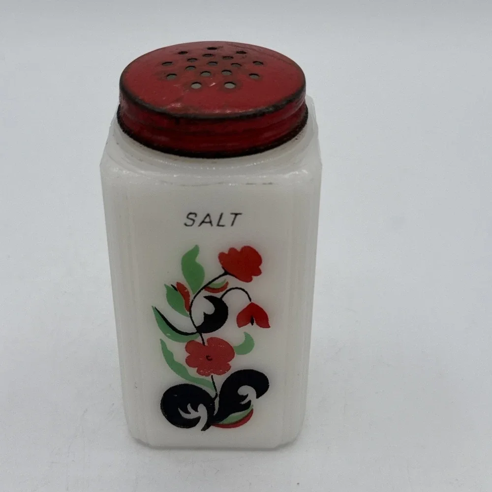 Vintage McKee Tipp City Milk Glass Salt Shaker Flower Pot Red Metal Lid 4